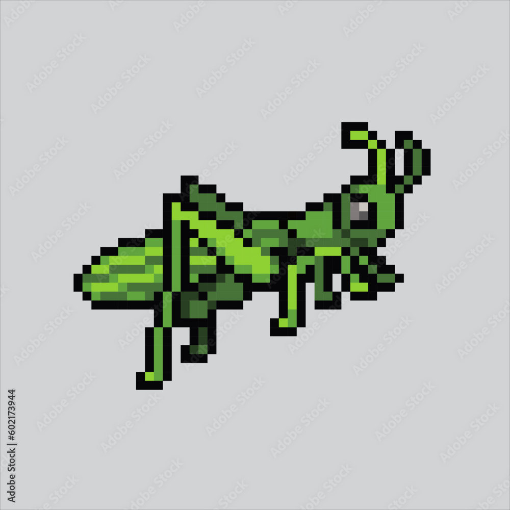 Obraz premium pixel art grasshopper. Grasshopper insect pixelated design for logo, web, mobile app, badges and patches. Video game sprite. 8-bit. Isolated vector illustration.