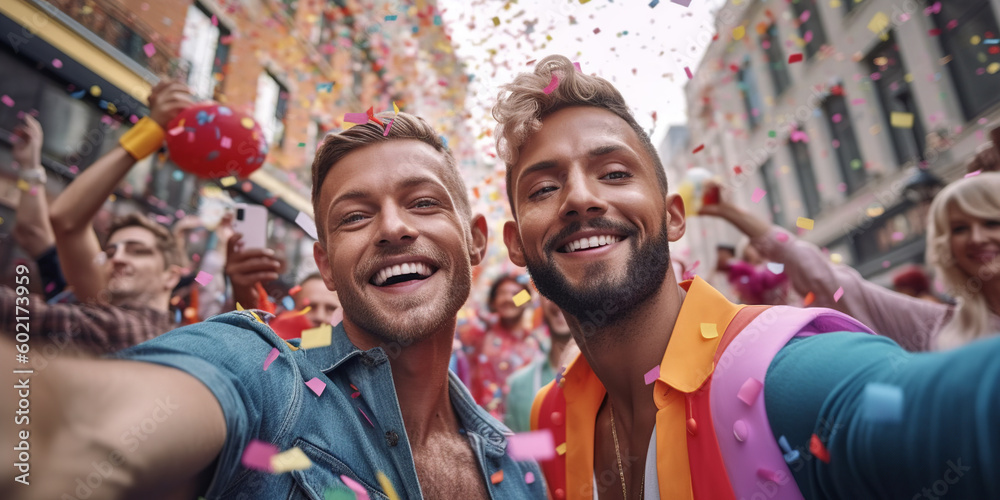 Fototapeta premium young male gay happy couple taking a selfie on a LGBTQ pride parade fest, two men with make-up smiling to the camera in a homosexual LGBT celebration, generative AI