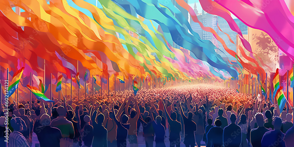 LGBTQ pride month parade artistic illustration, people waving rainbow ...