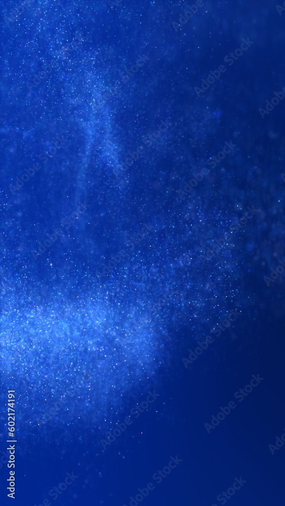Obraz premium Vertical festive Christmas Holidays and seasonal winter and New Year stars particle background. Blue 3D illustration GUI phone wallpaper. Swirling underwater motion of glamorous elegant glowing snow.