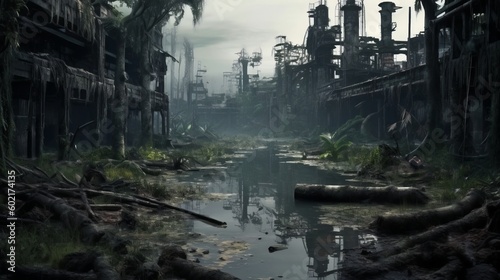 A misty swamp with a rustic cityscape in the distance. Generative ai