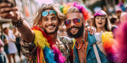 young male gay happy couple taking a selfie on a LGBTQ pride parade fest, two men with make-up smiling to the camera in a homosexual LGBT celebration, generative AI