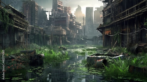 A misty swamp with a rustic cityscape in the distance. Generative ai