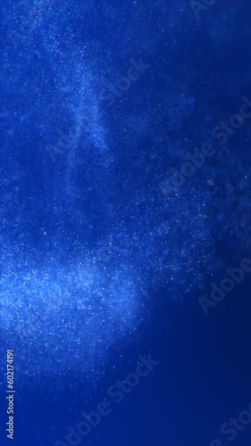 Vertical festive Christmas Holidays and seasonal winter and New Year stars particle background. Blue 3D illustration GUI phone wallpaper. Swirling underwater motion of glamorous elegant glowing snow.