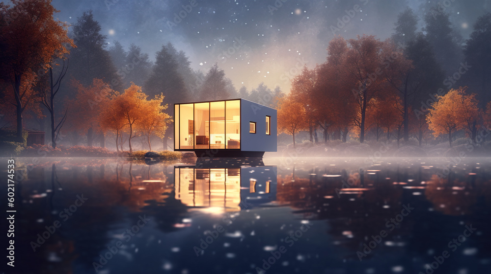 A tiny house sitting on top of a body of water. Generative AI.