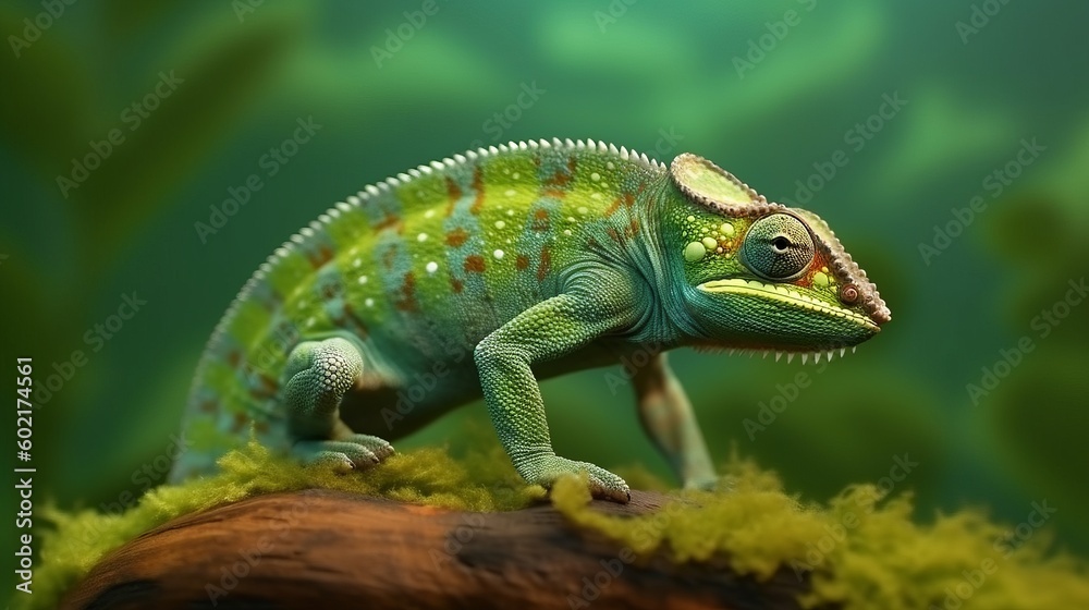 A colorful chameleon perched on a vibrant green surface. Generative ai