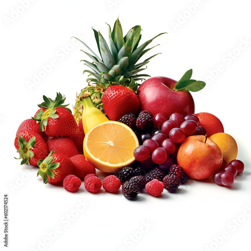 fresh bright fruits and berries on a white background. AI generated