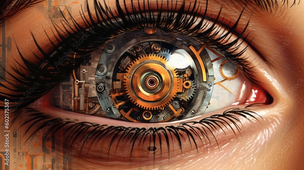 Illustration of an eye with a clock inside, representing the concept of time. Generative ai