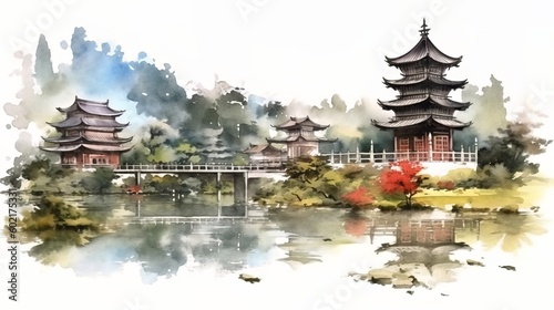 Landscape Chinese and Japanese style design in watercolor. Generative ai