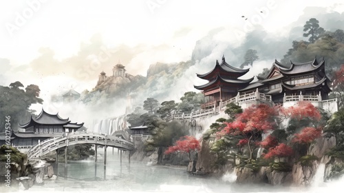 Landscape Chinese and Japanese style design in watercolor. Generative ai