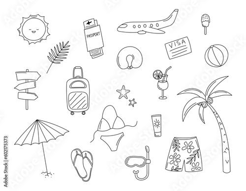 Vacation doodles set. Travel hand drawn elements black and white isolated. Vector illustration with cute scribble summer vacation objects