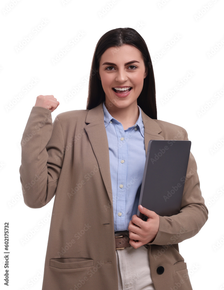 Beautiful happy businesswoman with laptop on white background Beautiful happy businesswoman with laptop on white background