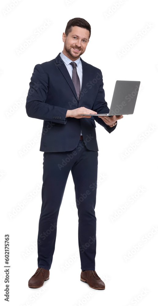 Handsome bearded businessman in suit with laptop on white background Handsome bearded businessman in suit with laptop on white background