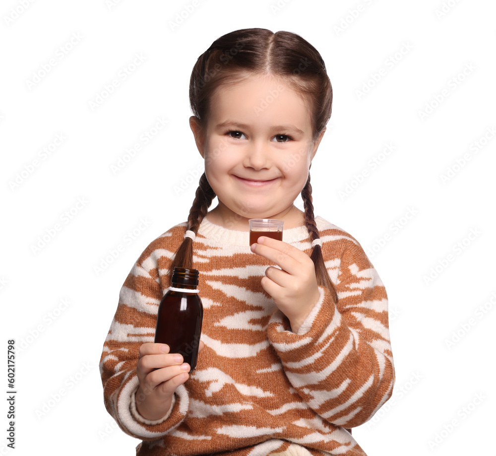 Little girl holding cough syrup on white background. Effective medicine Little girl holding cough syrup on white background. Effective medicine