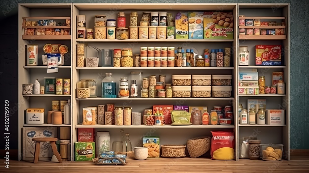Illustration of a pantry stocked with a variety of food items. Generative ai
