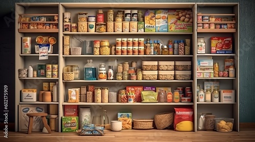 Illustration of a pantry stocked with a variety of food items. Generative ai © LabirintStudio