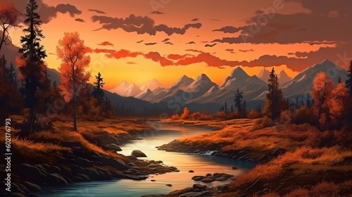 Illustration of a serene sunset scene with a river as the focal point. Generative ai