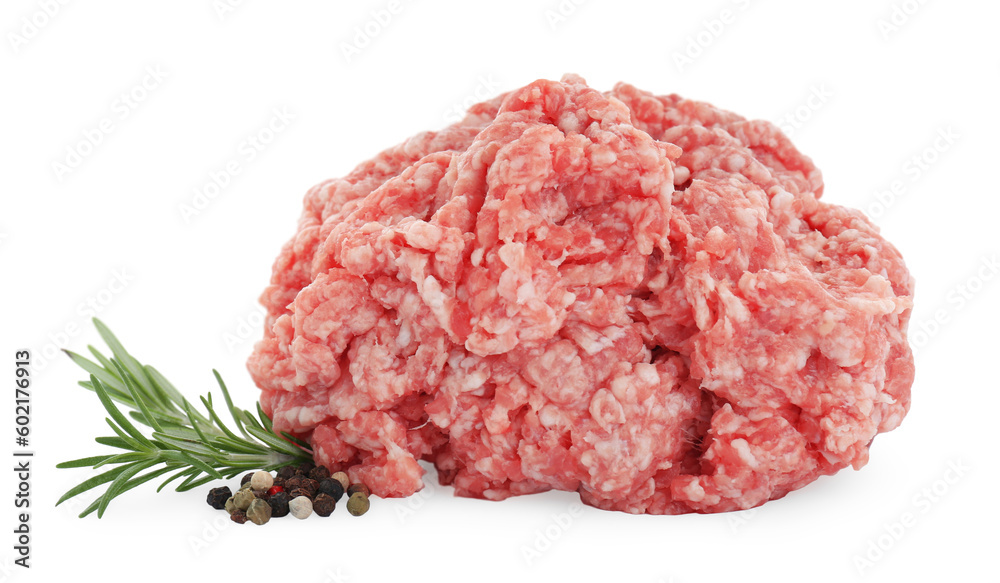 Raw fresh minced meat with rosemary and pepper isolated on white