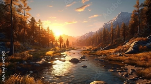 Illustration of a serene sunset scene with a river as the focal point. Generative ai © LabirintStudio