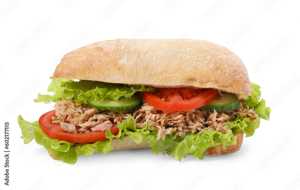 Delicious sandwich with tuna and vegetables on white background Delicious sandwich with tuna and vegetables on white background