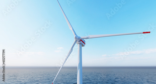 Ocean Wind Farm. Windmill farm in the ocean. Offshore wind turbines in the sea. Wind turbine from aerial view, 3d rendering.