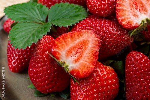 New harvest, board with fresh ripe red sweet Spanish strawberry