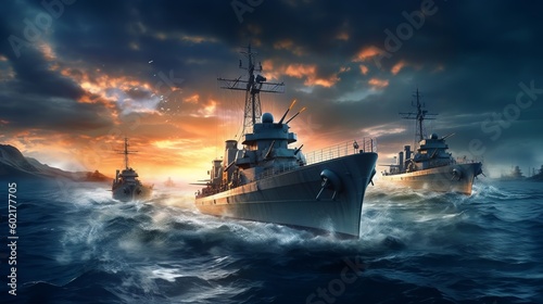 Illustration of a fleet of ships sailing on the vast ocean. Generative ai © LabirintStudio