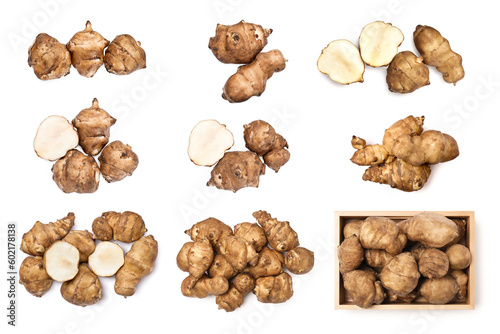 Collage with Jerusalem artichokes on white background, top view