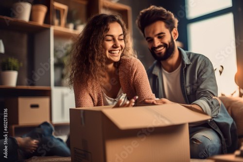 A man and woman sitting on the floor with a cardboard box. Generative AI.
