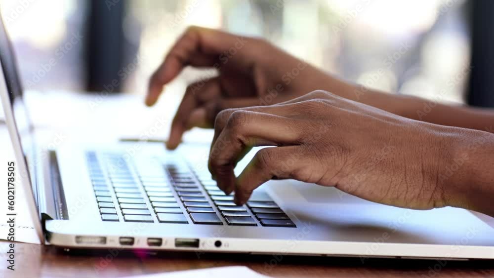 Black woman, hand or working on laptop for planning, creative research or strategy for company vision or mission. Business, networking or hands typing digital report, schedule or SEO calendar agenda