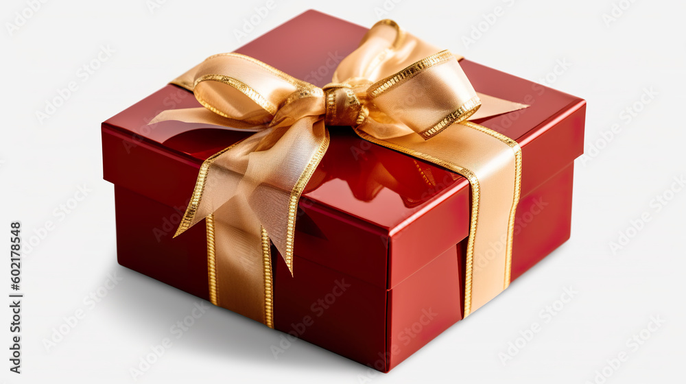 Fototapeta premium A red gift box with a gold ribbon. Generative AI.