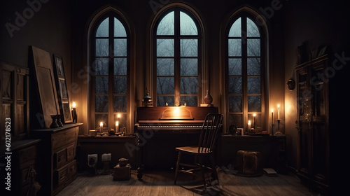 A room with a piano and a chair in it. Generative AI. Dark academia style, victorian style mansion interior design with wooden stairs.