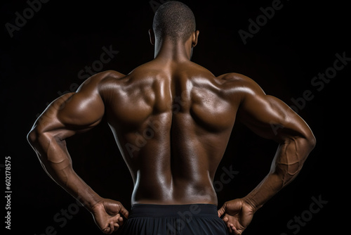 A man, male bodybuilder with his back turned to the camera. Generative AI.