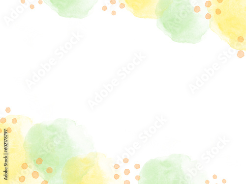 透明水彩で描いたオレンジと緑のドットが可愛いフレーム背景イラスト