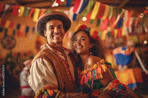Love and Tradition: Brazilian Couple Embracing the Festive Spirit at a June Festival, casal vestidos de caipiras curtindo a festa junina brasileira, generative ai