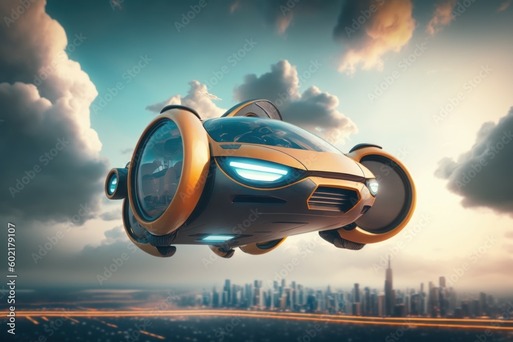 Futuristic model of a flying car. AI generated, human enhanced. - obrazy, fototapety, plakaty 