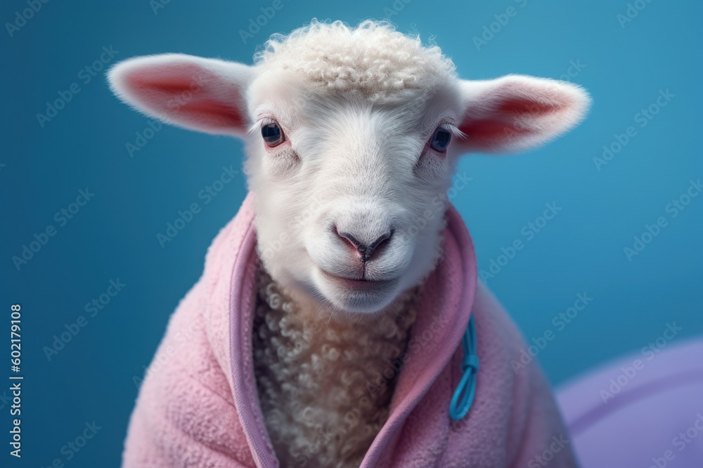 Anthropomorphic baby sheep dressed in human clothing. Humanized animal concept. AI generated, human enhanced Anthropomorphic baby sheep dressed in human clothing. Humanized animal concept. AI generated, human enhanced