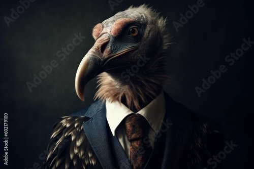 Anthropomorphic vulture dressed in a suit like a businessman. Business Concept. AI generated, human enhanced photo