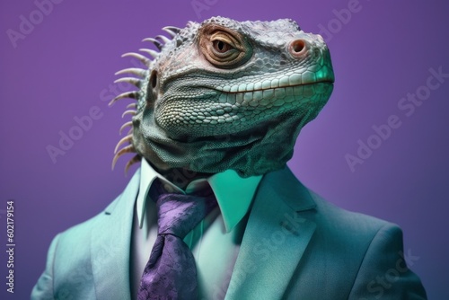 Anthropomorphic iguana dressed in a suit like a businessman. Business Concept. AI generated  human enhanced