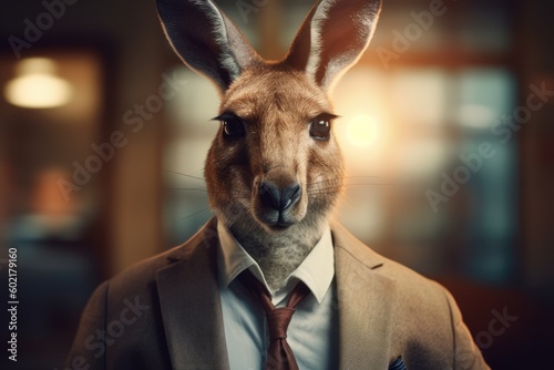 Anthropomorphic kangaroo dressed in a suit like a businessman. Business Concept. AI generated, human enhanced