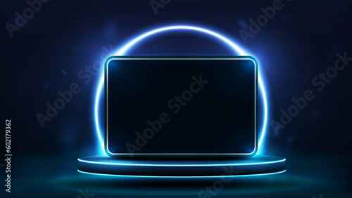 A web tablet placed on a podium with a bright shiny neon circle in the background. Platform with a monitor.