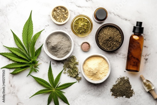 A top view of a collection of cannabis essentials arranged on a white stone table. Ideal for promoting natural remedies from above white background  Generative AI