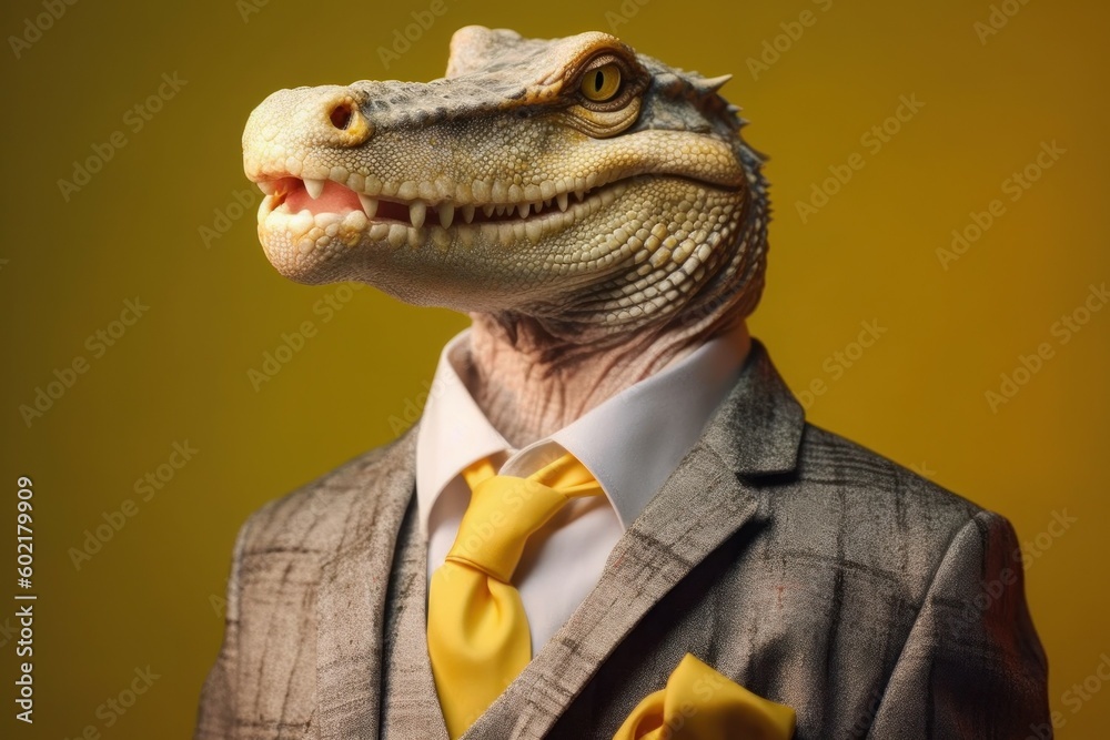 Anthropomorphic crocodile dressed in a suit like a businessman. business concept. AI generated, human enhanced Anthropomorphic crocodile dressed in a suit like a businessman. business concept. AI generated, human enhanced