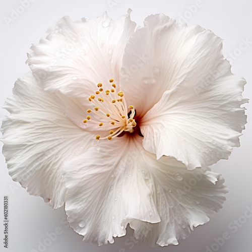 A close up of a white hibiscus flower on a table. Generative AI.