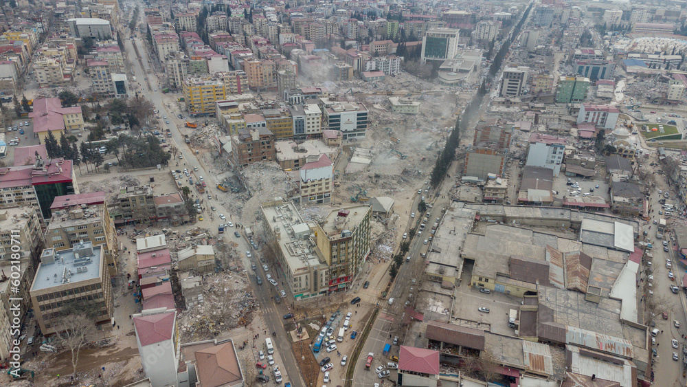 Turkey earthquake aerial view. Aerial view of collapsed buildings in Kahramanmaras