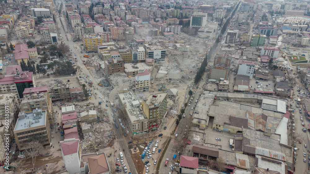 Turkey earthquake aerial view. Aerial view of collapsed buildings in Kahramanmaras Turkey earthquake aerial view. Aerial view of collapsed buildings in Kahramanmaras