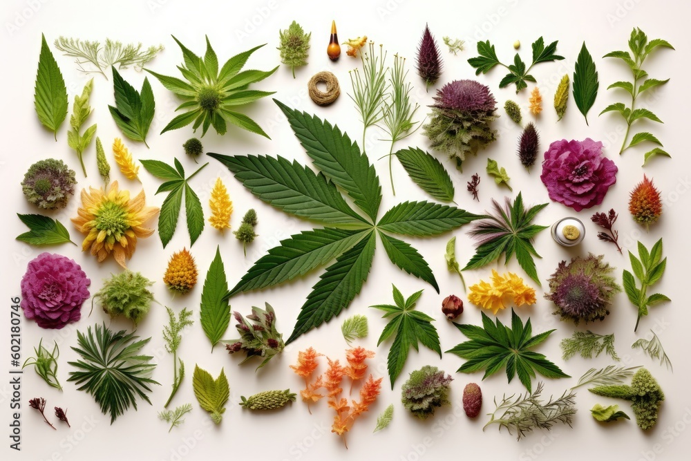 A top view of a collection of cannabis essentials arranged on a white stone table. Ideal for promoting natural remedies from above white background, Generative AI A top view of a collection of cannabis essentials arranged on a white stone table. Ideal for promoting natural remedies from above white background, Generative AI