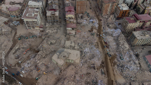 Turkey earthquake aerial view. Aerial view of collapsed buildings in Kahramanmaras