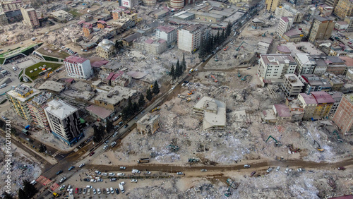 Turkey earthquake aerial view. Aerial view of collapsed buildings in Kahramanmaras photo