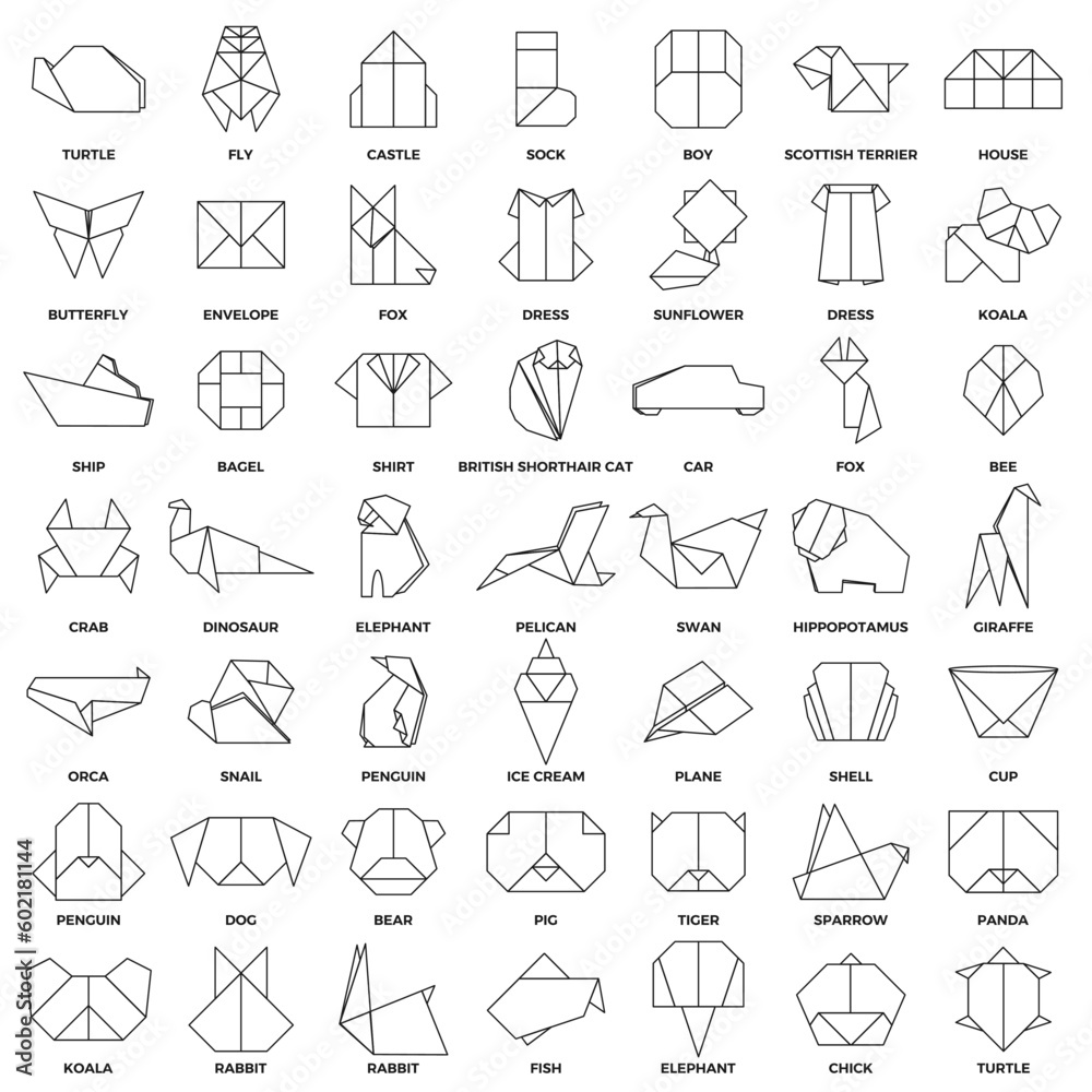Set of origami animals, insects, birds and objects in flat style. Set of origami animals, insects, birds and objects in flat style.